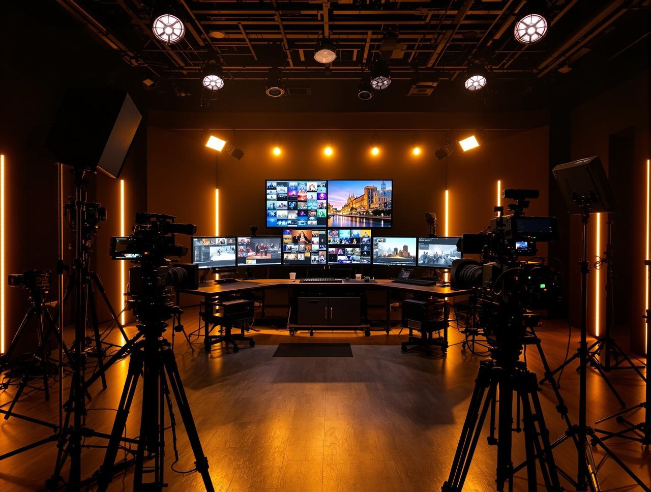 未来视频96专业影视制作工作室内景，配备专业摄影设备和剪辑工作站